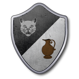 Courbe sinistre (oblique): dans la partie supérieure gauche, une face de chat gris sur champ noir; dans l'autre, un pichet brun sur champ argenté.