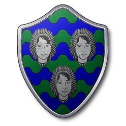 Trois têtes de femmes,blanches aux cheveux noirs, sur champ ondé de bleu et de vert