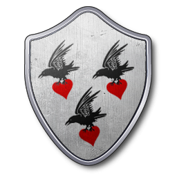 Trois corbeaux noirs en vol, tenant trois cœurs rouges, sur champ blanc