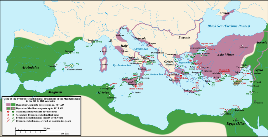 Carte représentant les affrontements arabes et byzantins ainsi que leurs territoires, du 8ème siècle au 11ème siècle. En violet : territoires byzantins En vert : territoires arabes (Crédit : Wikimedia Commons, (c) Cplakidas)