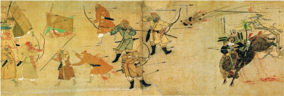 Bataille de Bun'ei (1274), pendant les invasions mongoles du Japon. Le dessin montre un samouraï (Tekezaki Suenaga) combattant les guerriers mongols à l'aide de grenades à main. 7ème dessin du premier rouleau des Mōko Shūrai Ekotoba (rouleaux illustrés des invasions mongoles) (Crédit : Wikimédia Commons)