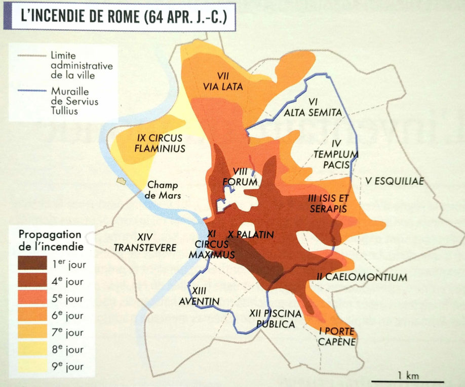 Progression du grand incendie de Rome, juillet 64 ap. J.-C. (d'après C. Badel et H. Inglebert, Grand Atlas de l'Antiquité romaine, éditions Autrement 2014)