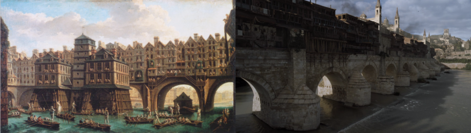 À gauche : Tableau représentant un pont habité à Paris au XVIIIème siècle (La joute des mariniers, entre le pont Notre-Dame et le pont au Change, J.-B. Raguenet, 1751 - Musée Carnavalet, Paris) (Crédits : Wikimedia Commons) À droite : Aperçu de la cité libre de Volantis (Crédits : HBO)