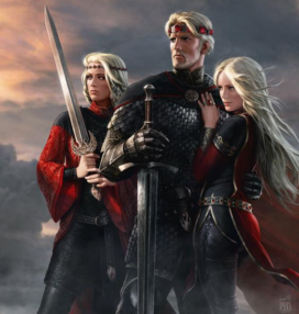 Aegon le Conquérant et ses deux sœurs, Visenya et Rhaenys Targaryen (par Amok)