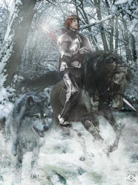 Robb Stark, roi du Nord, chevauche en compagnie de son loup, Vent Gris (crédits : Blackwolf Studio)