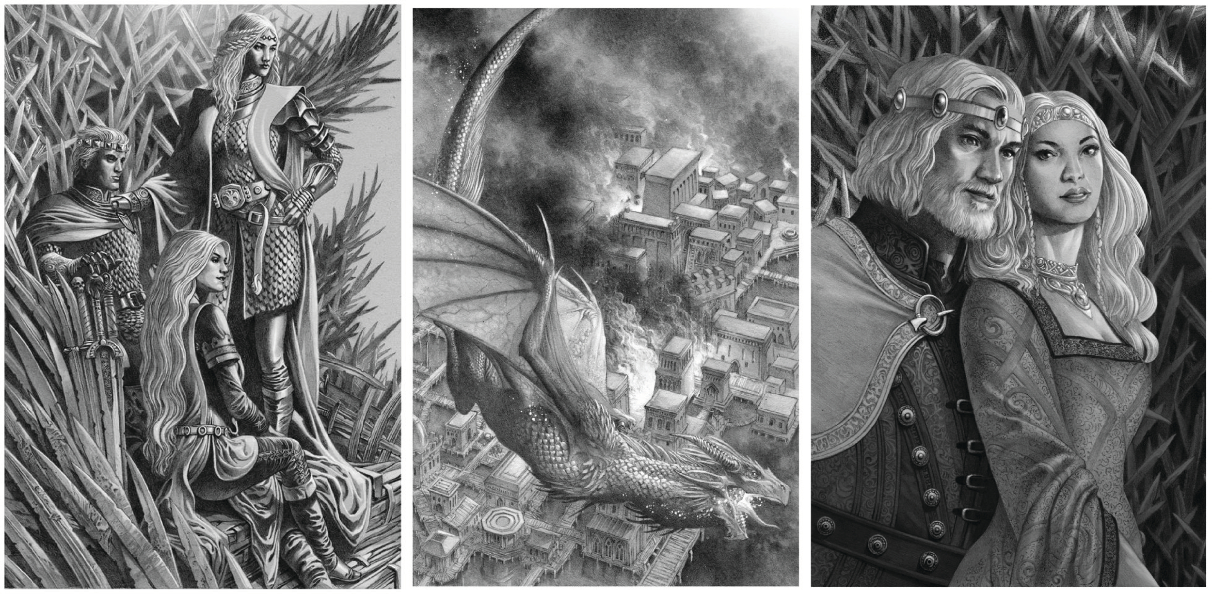 Illustrations de Fire and Blood, par Doug Wheatley (de gauche à droite : Aegon I Targaryen et ses soeurs-épouses, Rhaenys et Visenya Targaryen sur le Trône de Fer ; Rhaenys sur son dragon Meraxès ; Jaehaerys I Targaryen et sa soeur-épouse Alysanne Targaryen, sur le Trône de Fer)
