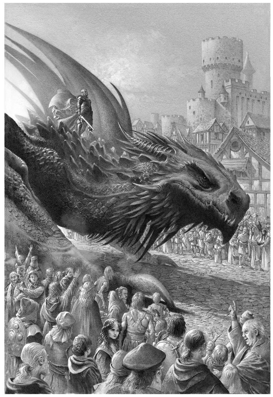 Le roi Aegon I Targaryen sur son dragon Balerion, à Port-Réal (crédits : Doug Wheatley, Fire and Blood)