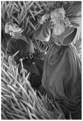 Elinor Costayne découvrant le roi Maegor sur le Trône de Fer (crédits : Doug Wheatley, Fire and Blood)