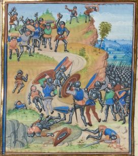 La bataille de Brignais (1362), où l'ost royale est battue par des Grandes Compagnies, dont celle des Tard-venus, menés par Seguin de Badefol (manuscrit de Gruuthuse, -Jean Froissart- XVe ; BNF. WikiCommons)