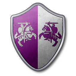 Palé de violet et de blanc, deux chevaliers combattants avec des épées, contre-chargés.