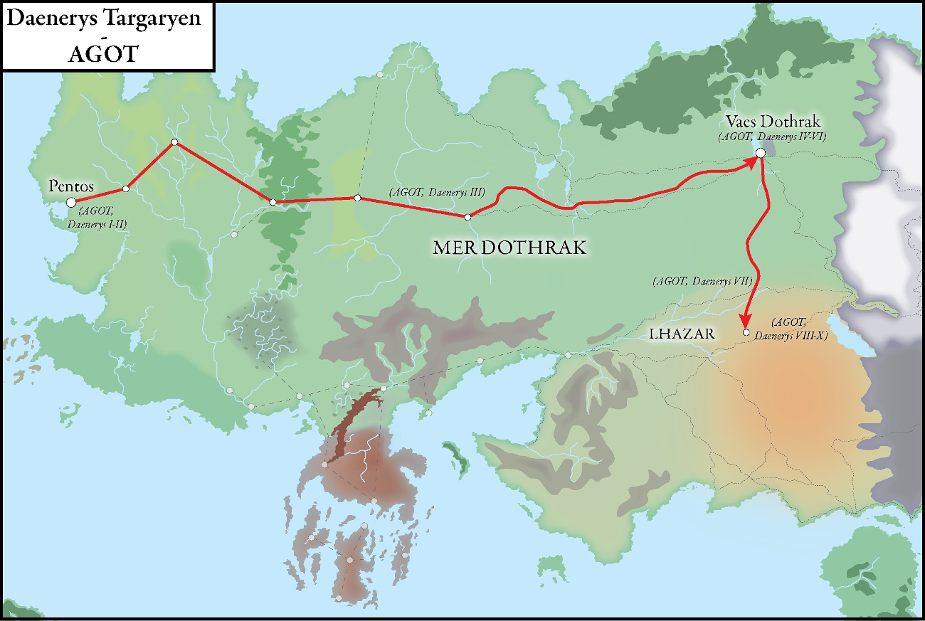 Carte du déplacement de Daenerys Targaryen au cours du premier tome de la saga, AGOT - avec légende