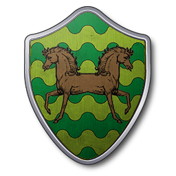 Un cheval à deux têtes, marron, sur champ ondé de vert et de vert