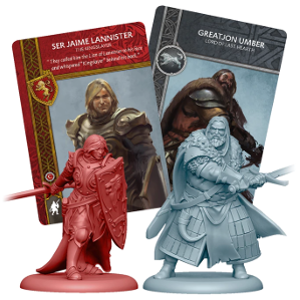 Rendu 3D des figurines Jaime Lannister et Lard-Jon Omble, avec leurs cartes associées ; © CMON