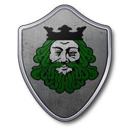 La tête du roi des mers, blanche avec une barbe et des cheveux d'algues vert foncé, avec une couronne noire, sur champ gris