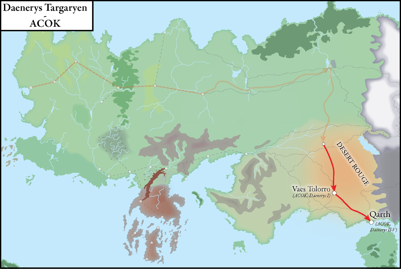 Carte du déplacement de Daenerys Targaryen au cours du deuxième tome de la saga, ACOK - avec légende