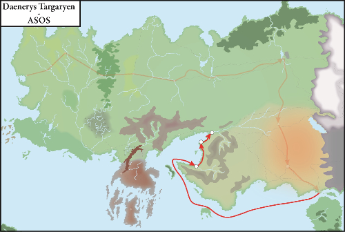 Carte du déplacement de Daenerys Targaryen au cours du troisième tome de la saga, SOS