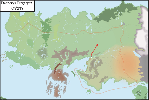 Carte du déplacement de Daenerys Targaryen au cours du cinquième tome de la saga, ADWD