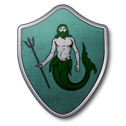 Un triton blanc, aux cheveux, barbe et queue verts, un trident noir à la main, sur champ bleu-vert