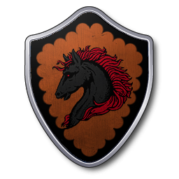 Une tête de cheval noire aux yeux et à la crinière rouges sur champ de bronze à bordure noire engrêlée