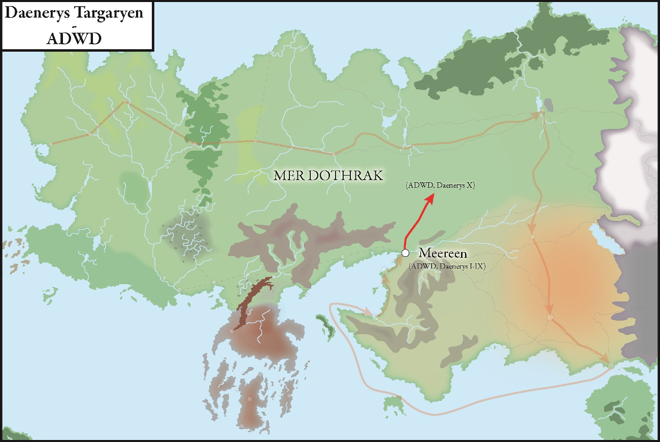 Carte du déplacement de Daenerys Targaryen au cours du cinquième tome de la saga, ADWD - avec légende