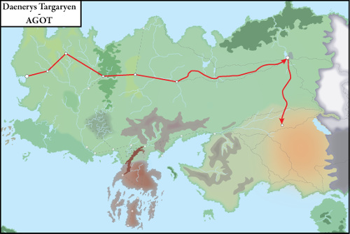 Carte du déplacement de Daenerys Targaryen au cours du premier tome de la saga, AGOT